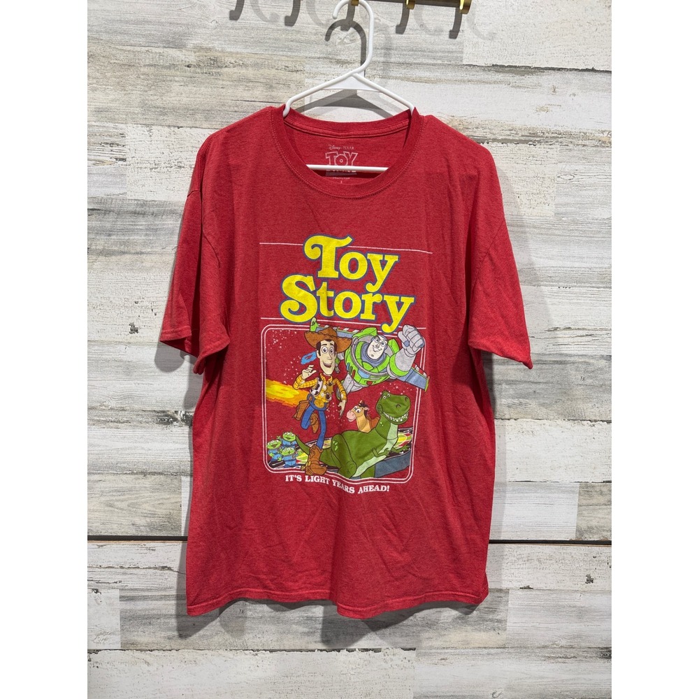 Disney Toy Story Graphic Tee Mens Large Red Woody Buzz Lightyear Pixar EUC